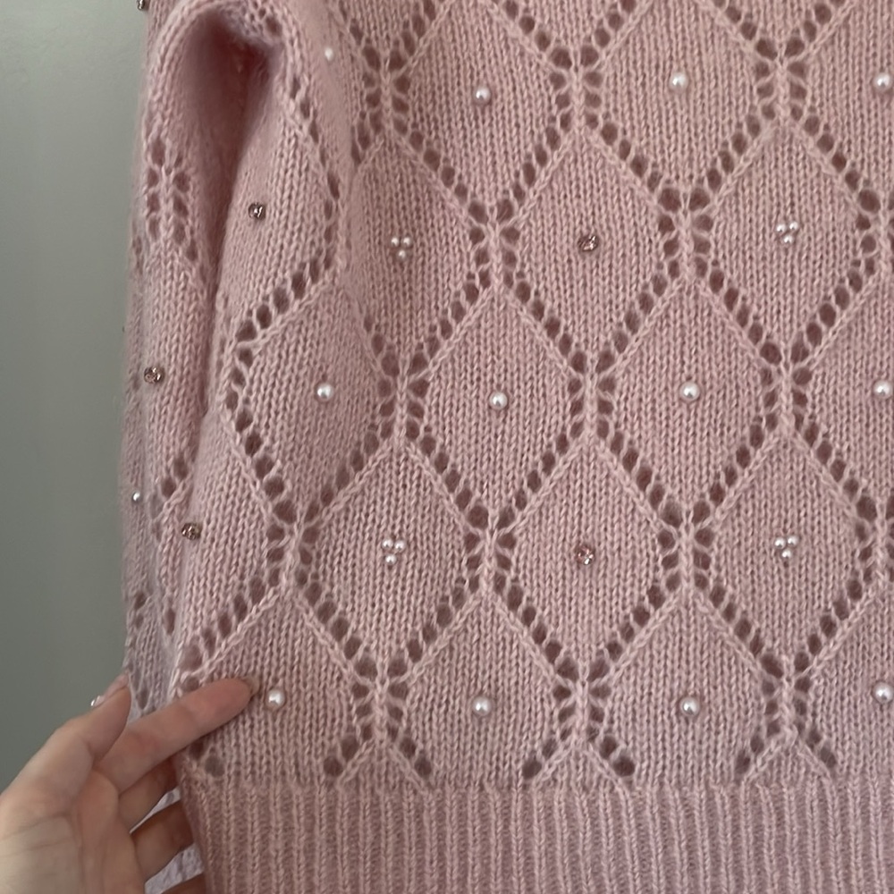 Sezane Federica Jumper Powder Pink Pearls Jewels open knit mohair Size M - Picture 7 of 9